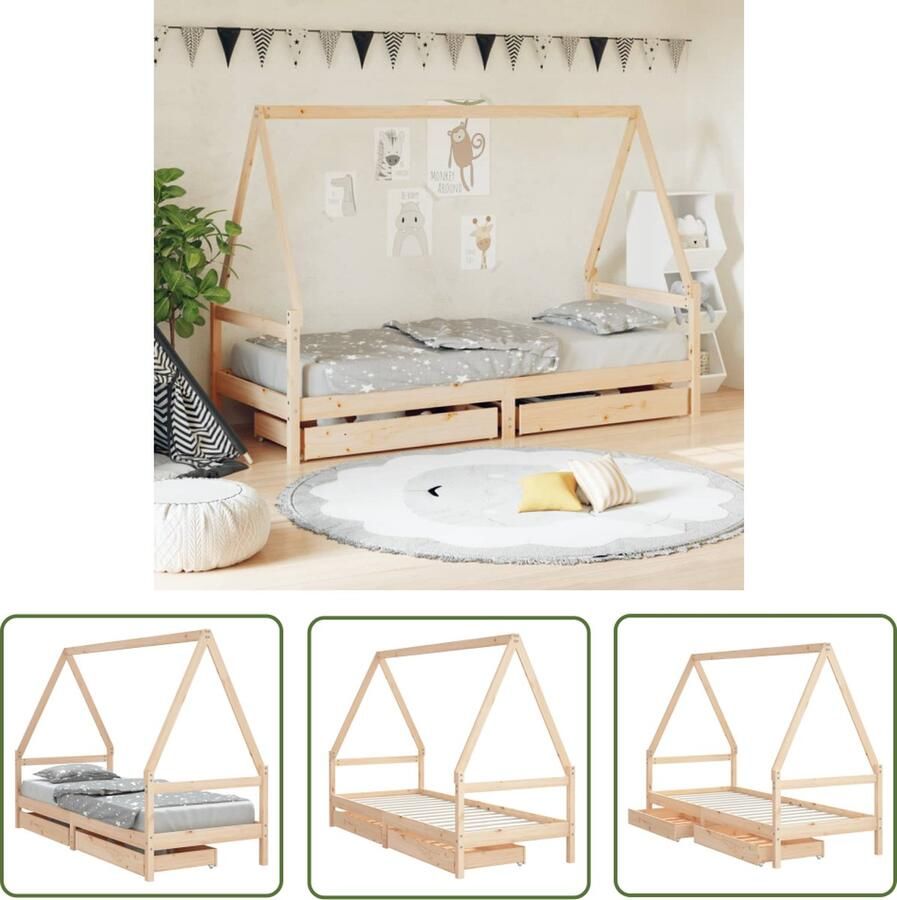 The Living Store Kinderbedframe Houten peuterbed met huisje en opberglade Massief grenenhout 205.5 x 85.5 x 143 cm Geschikt voor kinderen vanaf 4 jaar Matras niet inbegrepen Montage vereist