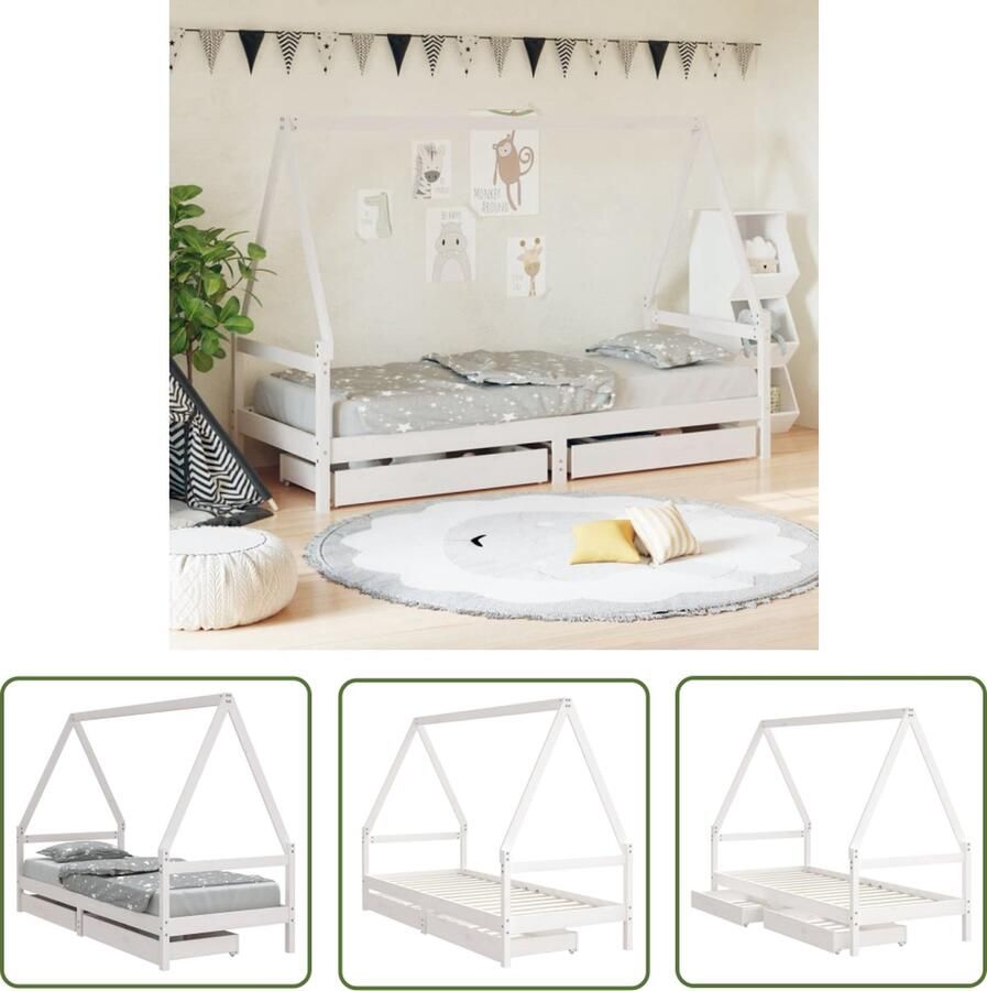 The Living Store Houten Kinderbedframe Peuterbed met Huisje Wit 205.5 x 85.5 x 143 cm Massief grenenhout Kinderbed Houten Bed Peuterbed Kids Bed Kinderkamer Decoratie