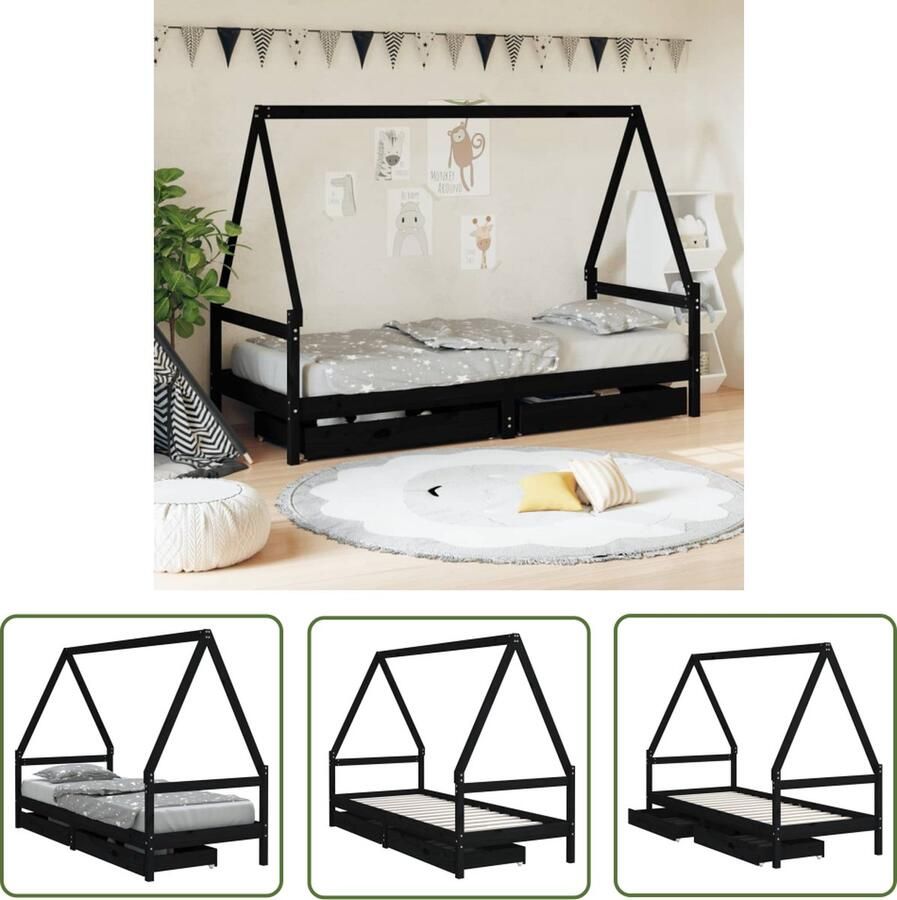 The Living Store Houten Kinderbedframe Zwarte Peuterbed met Opberglades 205.5 x 95.5 x 143 cm Geschikt voor 90 x 200 cm Matras Massief Grenenhout Kinderbed Houten Bed Peuterbed Kids Bed Grenenhouten Bed