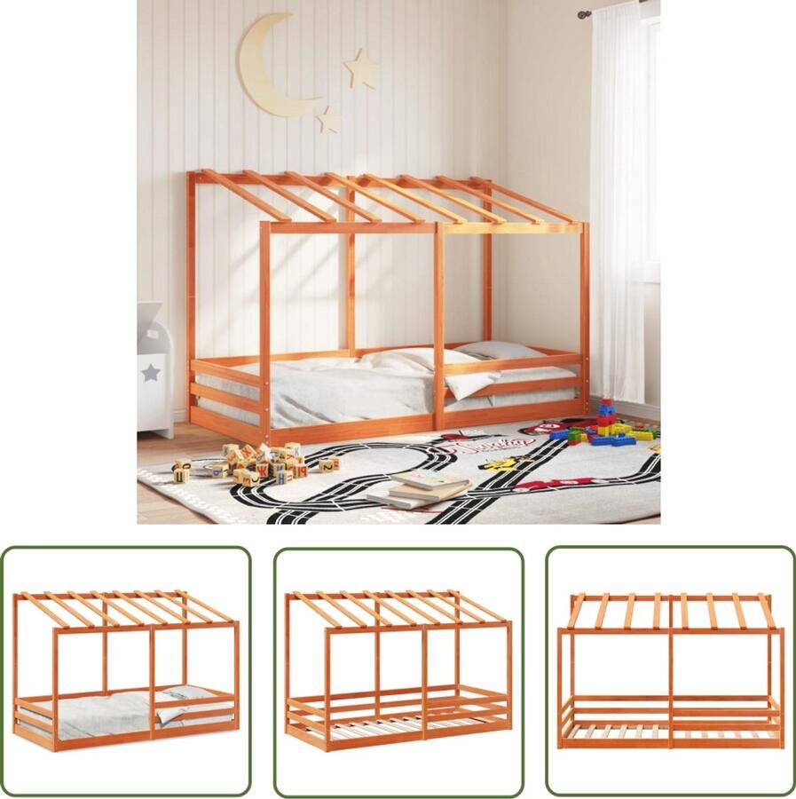 VidaXL Kinderbed met bedhuis 100x200 cm massief grenenhout wasbruin Kinderbed Houten Bed Bedhuis Kids Bed Kinderkamers