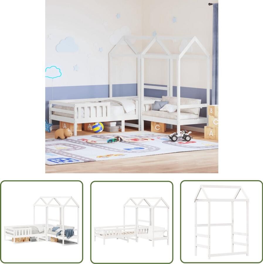 VidaXL Houten Bed Kinderbed met huisje en bankje massief grenenhout wit 100x200cm Kids Bed Grenenhout Bed Baby Kamer