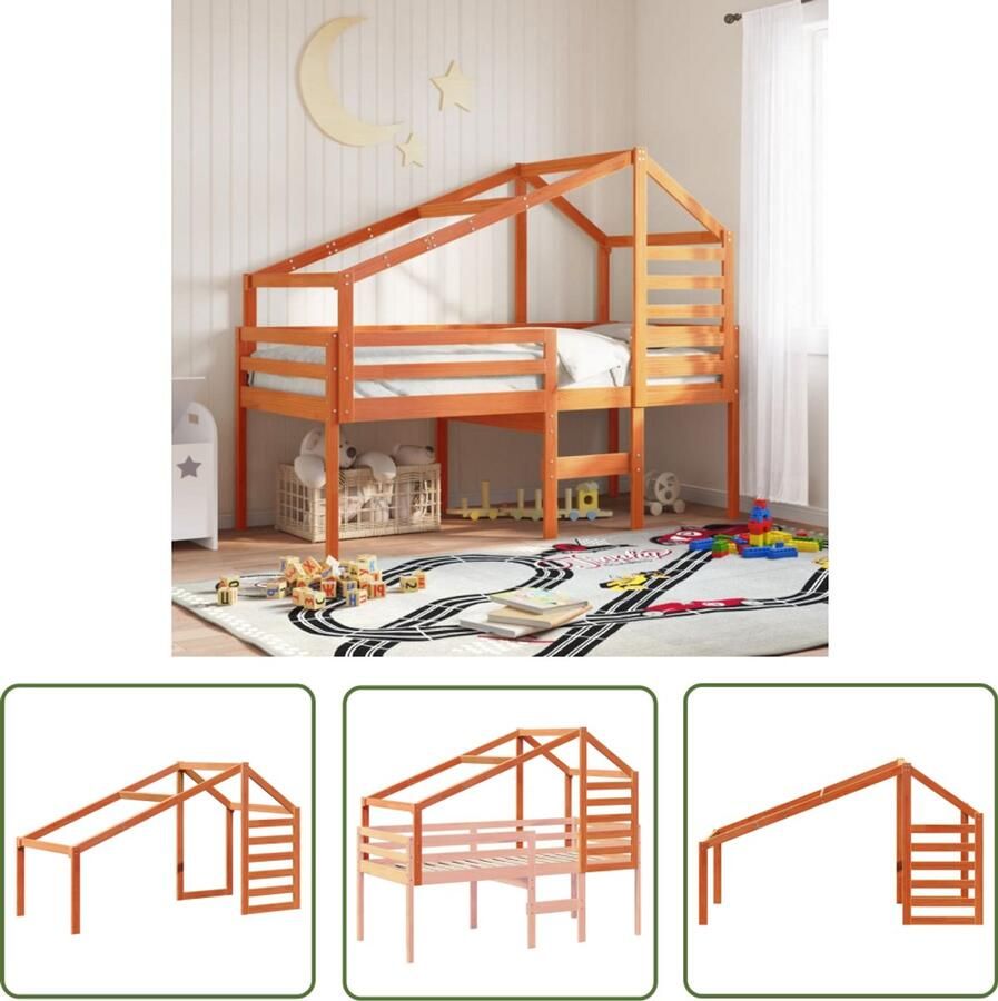 VidaXL Houten Bed Kinderbedhuisje 198x97x113 cm massief grenenhout wasbruin Kindermeubilair Kids Kamer Decoratie Bruingekleurd Bed