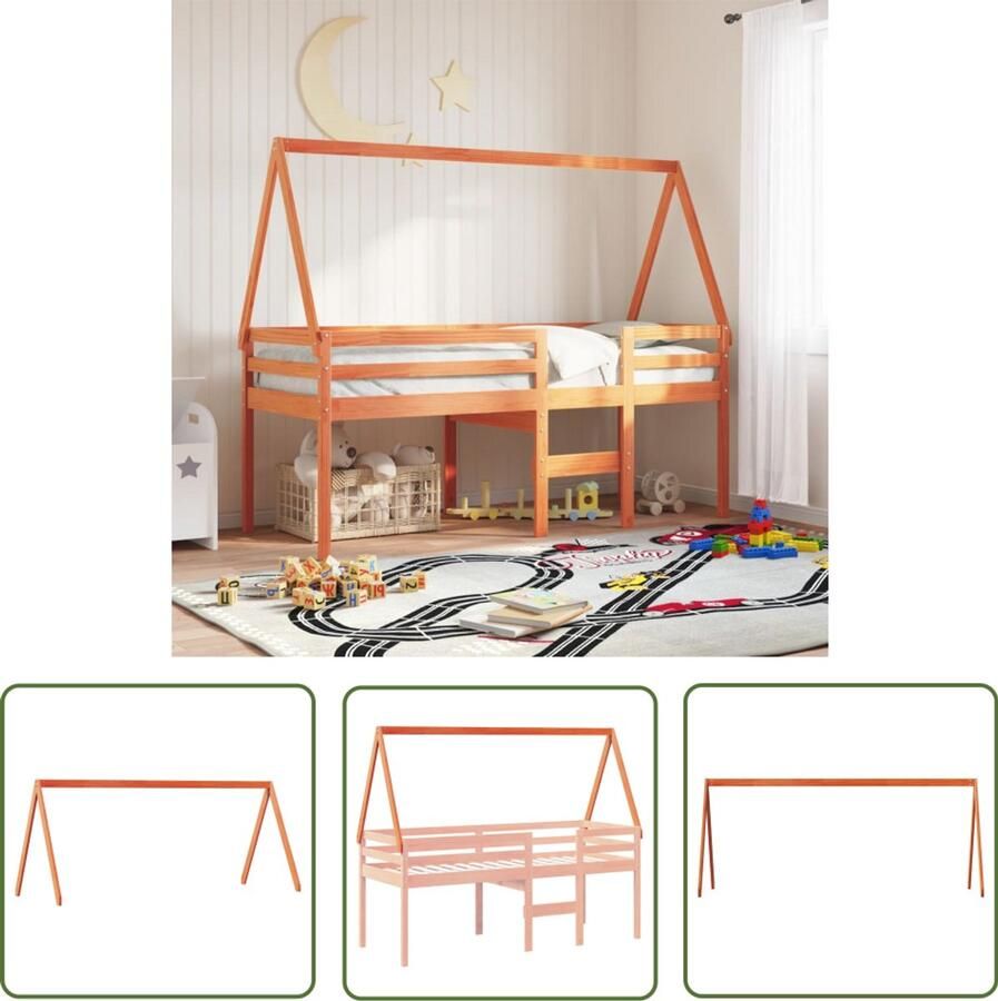 VidaXL Kinderbedhuisje 209x95 5x88 cm massief grenenhout wasbruin Kinderbedhuisje Houten Bed Kids Kamer Decoratie Bruingekleurd Bed Speelgoed Hut