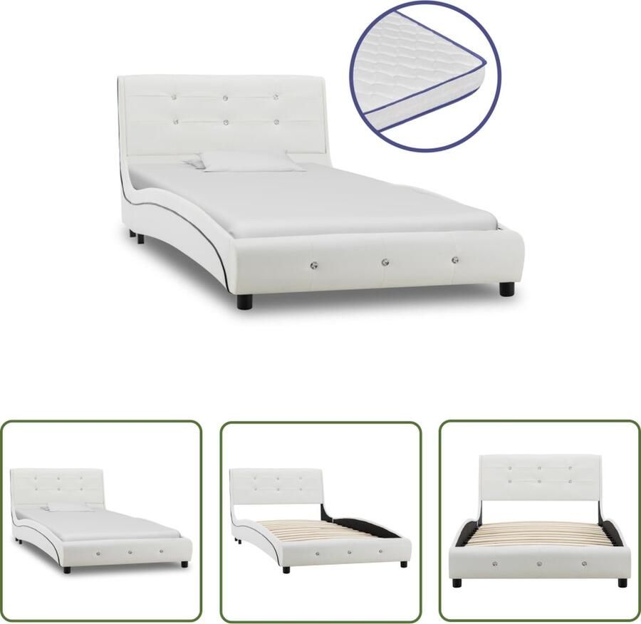 The Living Store Bedframe Classic 223x95x69.5 cm wit ijzeren frame MDF multiplex gepoedercoate stalen poten Traagschuim matras 200x90x17 cm polyester 5 lagen Klassieke Bed Houten Bed Metalen Bed Wit Bed Tweepersoonsbed