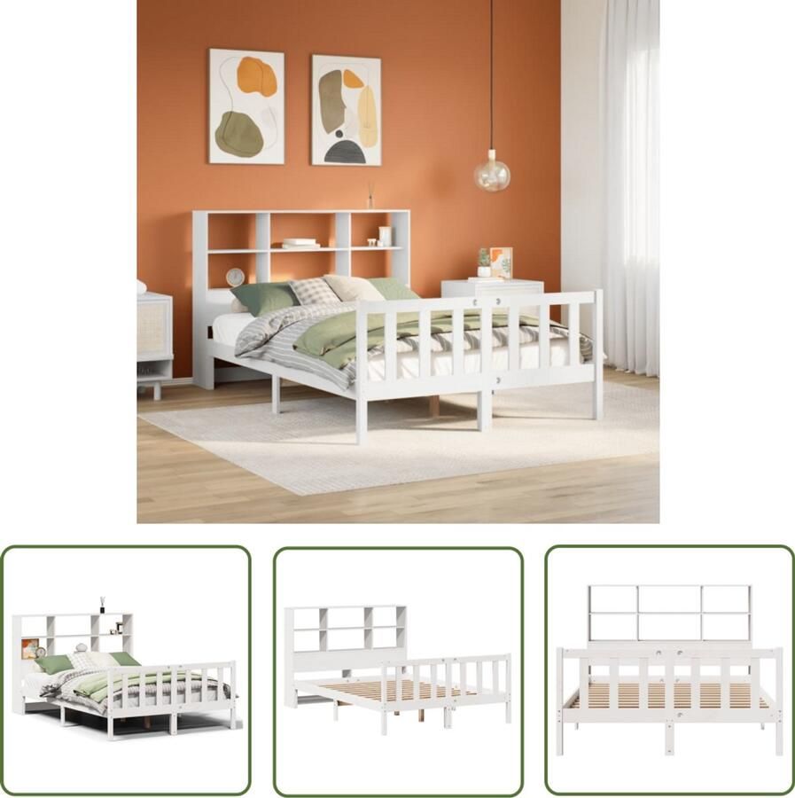 VidaXL Houten Bed Met Boekenkast Bed met boekenkast zonder matras grenenhout wit 160x200 cm Slaapbank Bibliotheekbed Tweepersoonsbed