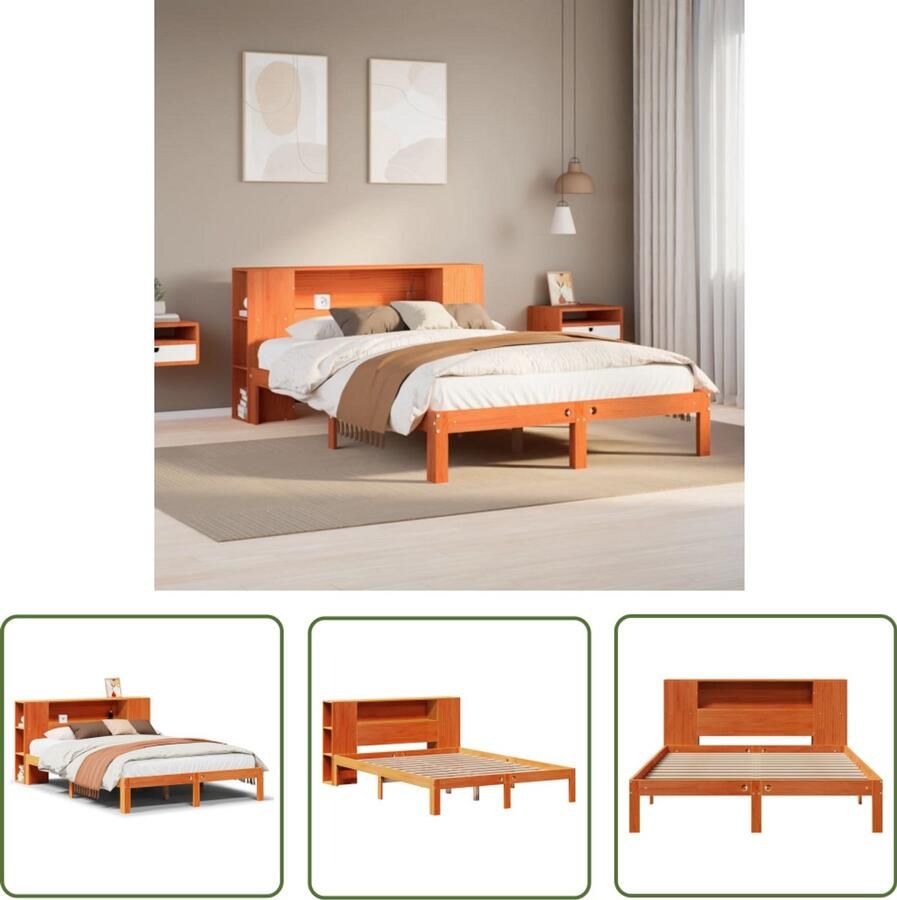 VidaXL Houten Bed met boekenkast zonder matras grenenhout wasbruin 120x200 cm Bed Met Kast Slaapkamers Bibliotheek Bed
