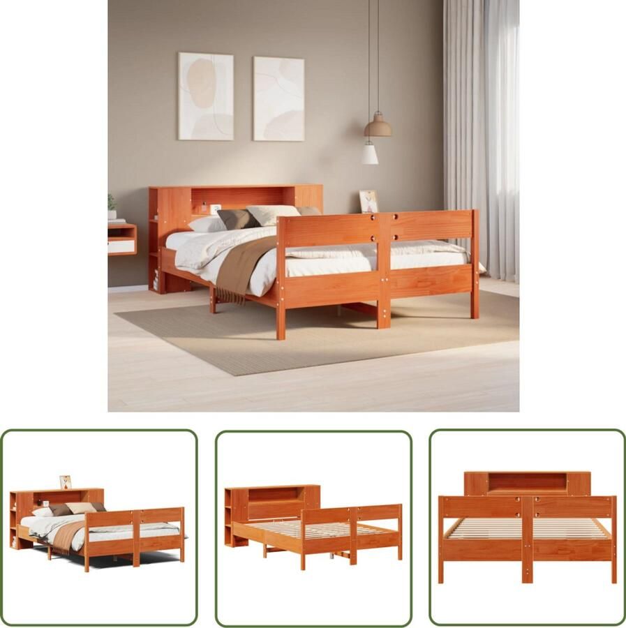 VidaXL Houten Bed met boekenkast zonder matras grenenhout wasbruin 150x200 cm Bed Met Kast Boekenkastbed Tweepersoonsbed
