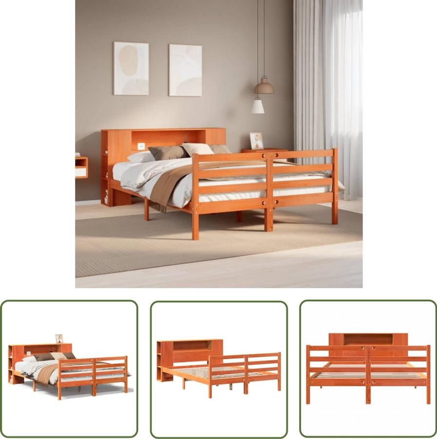 VidaXL Houten Bed met boekenkast zonder matras grenenhout wasbruin 150x200 cm Slaapkamers Boekenkast Bed Bedstede