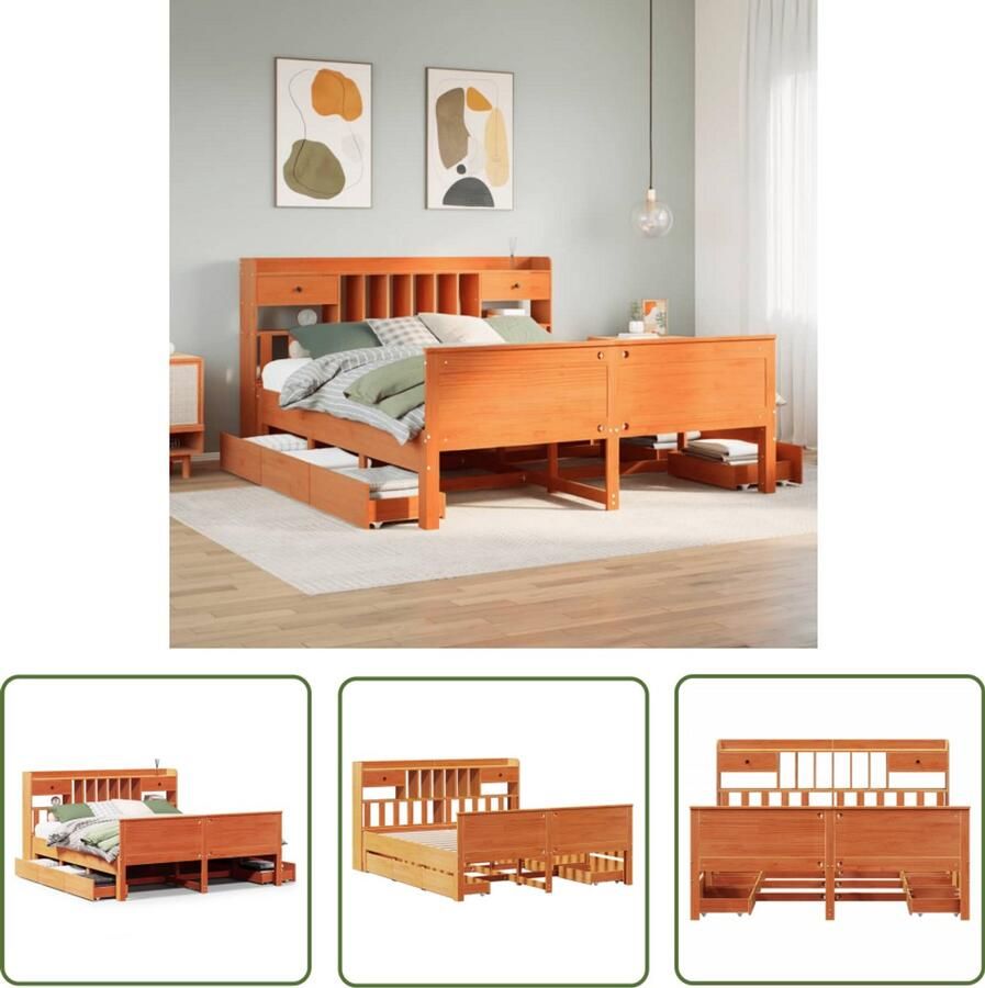 VidaXL Houten Bed met boekenkast zonder matras grenenhout wasbruin 180x200 cm Boekenkastbed Tweepersoonsbed Slaapkamer Meubilair