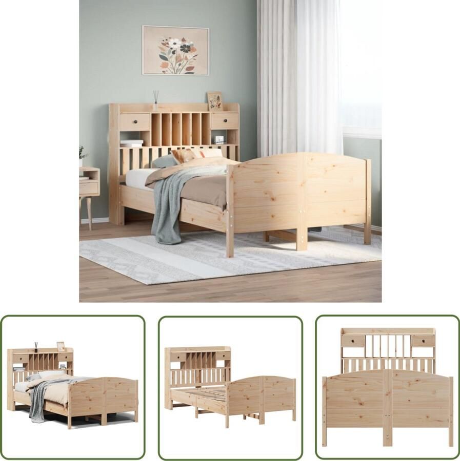 VidaXL Houten Bed met boekenkast zonder matras massief grenenhout 135x190 cm Boekenkast Bed Tweepersoonsbed Slaapkamers