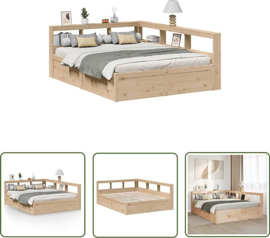 VidaXL Houten Bed met boekenkast zonder matras massief grenenhout 150x200 cm Boekenkast Bed Slaapkamers Slaapkamerdecoratie