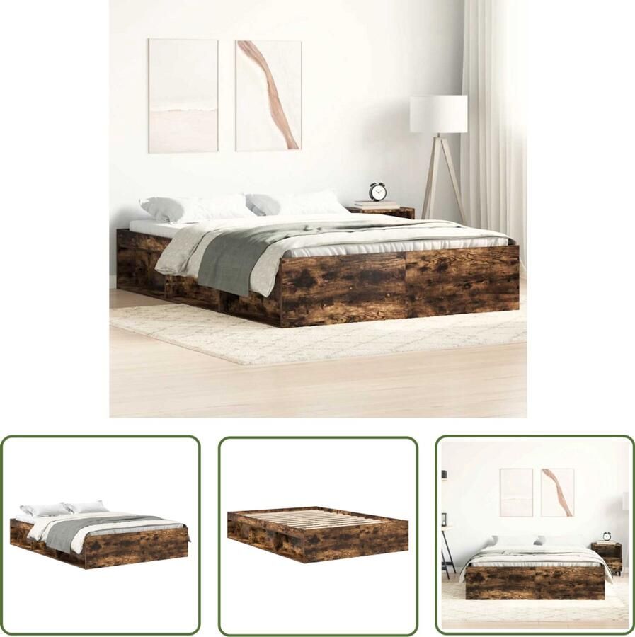 The Living Store Bedframe Gerookt eiken Hout Multiplex lattenbodem 193 x 138 x 35 cm (LxBxH) Geen matras Modern Bedframe Houten Bed Bruine Bedbank Tweepersoons Bed Boxspring Bed