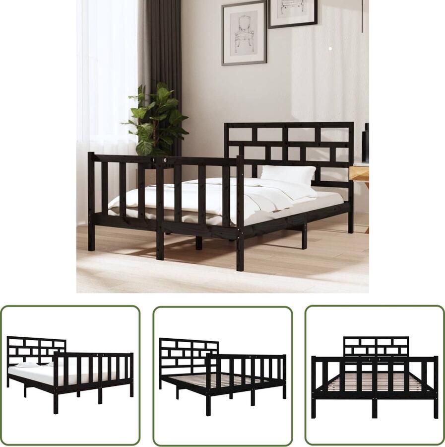 The Living Store Bedframe massief grenenhout zwart 135x190 cm 4FT6 Double Bedframe Bedframes Bed Bedbodem Ledikant Bed Frame Massief Houten Bedframe Slaapmeubel Tweepersoonsbed Bedden Bedbodems - Foto 4