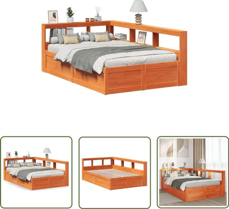 VidaXL Houten Bed Slaapbank Bed met boekenkast zonder matras grenenhout wasbruin 140x190 cm Bed Met Kast Bedstede Tweepersoonsbed