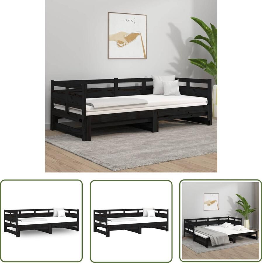 The Living Store Slaapbank uitschuifbaar massief grenenhout zwart 2x(80x200) cm Slaapbank Slaapbanken Uitschuifbare Slaapbank Bedbank Bed Bedframe Houten Bedframe Bedbodem Slaapmeubel Ledikant Uitschuifbare Slaapbanken - Foto 2