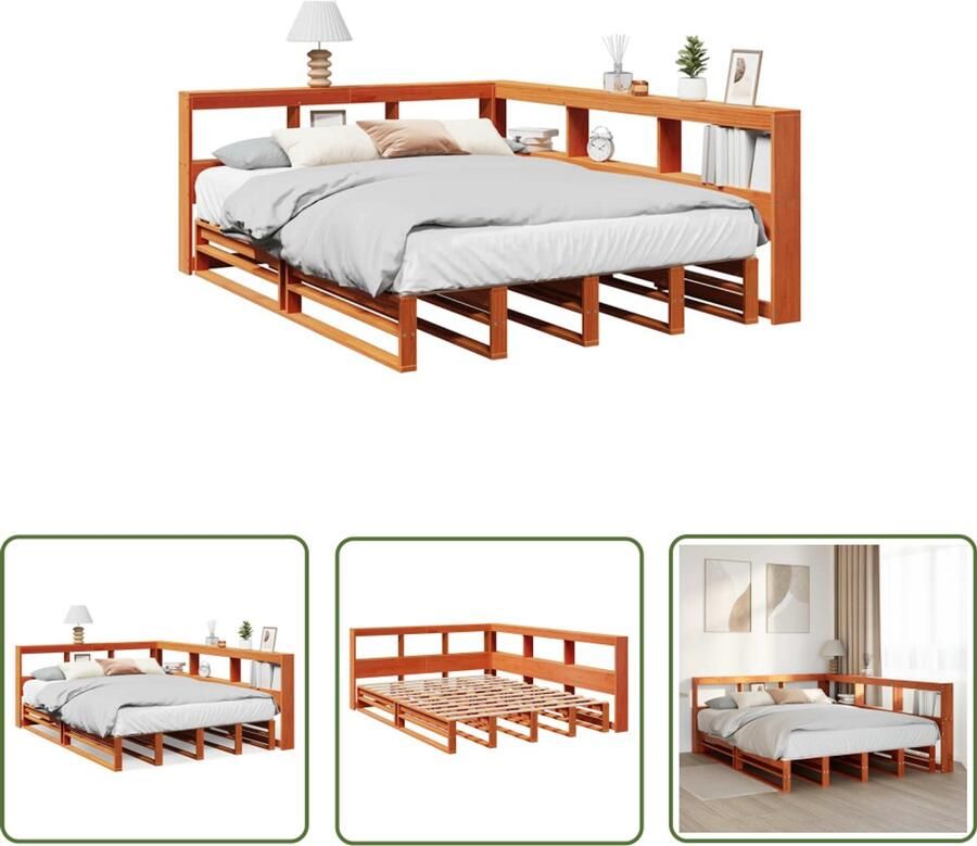 VidaXL Houten Bed Slaapcomfort Bed met boekenkast zonder matras grenenhout wasbruin 140x190 cm Bed Met Kast Boekenkastbed Grenenhouten Bed