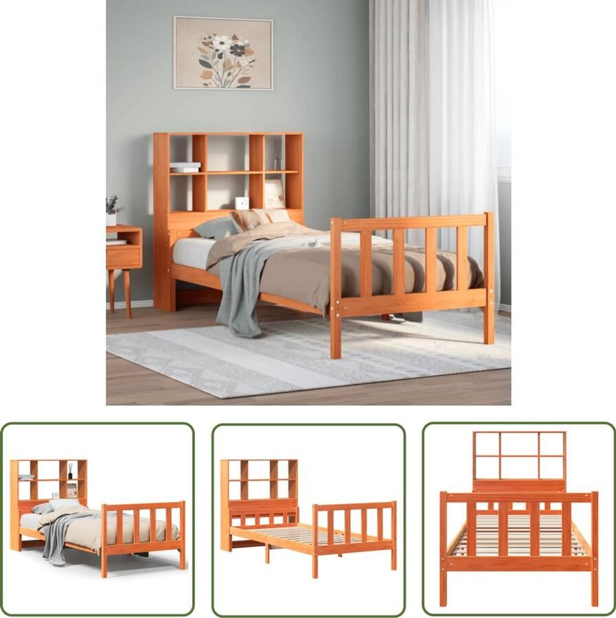VidaXL Houten Bed Slaapcomfort Bed met boekenkast zonder matras massief hout wasbruin 75x190cm Boekenkast Bed Massief Grenenhout Tweepersoonsbed