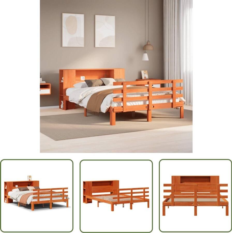 VidaXL Houten Bed Slaapkamers Bed met boekenkast zonder matras grenenhout wasbruin 135x190 cm Boekkastenbed Bed Met Kast Grenenhout Bed