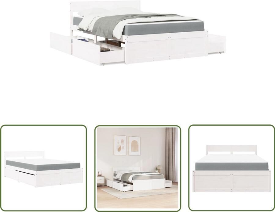 VidaXL Houten Bed Slaapkamers Bed met lades en matras massief grenenhout wit 140x190 cm Grenenhouten Bed Boxspring Tweepersoonsbed