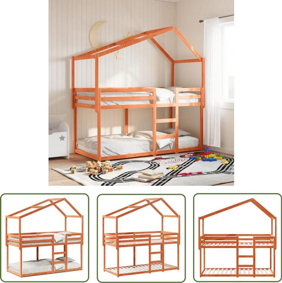 VidaXL Stapelbed met bedhuis massief grenenhout wasbruin 90x200 cm Stapelbed Houten Bed Grenenhout Bed Kids Bed Tweepersoons Bed