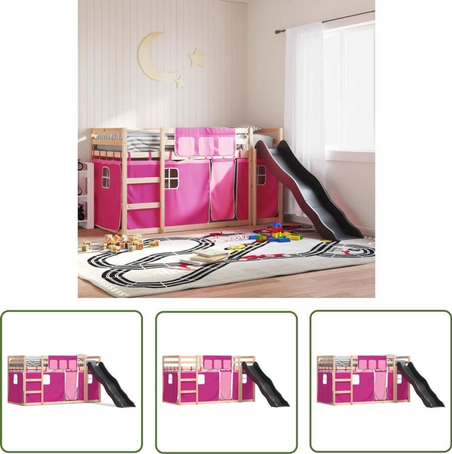 VidaXL Houten Bed Stapelbed met glijbaan en gordijnen roze 90x190 cm Kids Bed Kinderbed Tweepersoonsbed