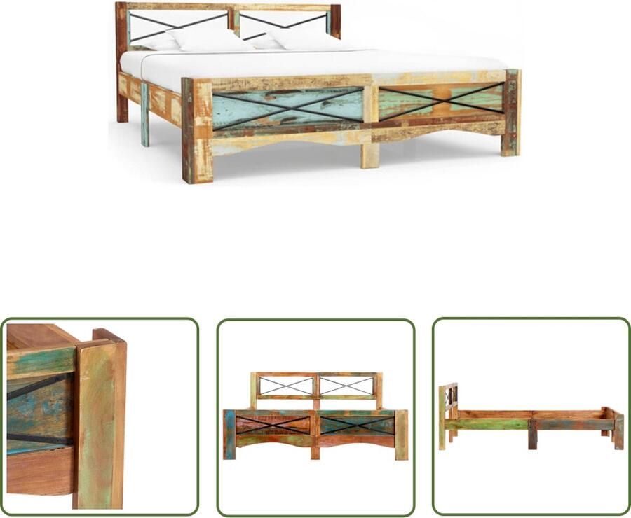 The Living Store Bedframe Vintage Massief gerecycled hout 147 x 212 x 74 cm Uniek karakter Vintage Bed Frame Houten Bed Retro Bed Industrieel Bed Upcycled Furniture