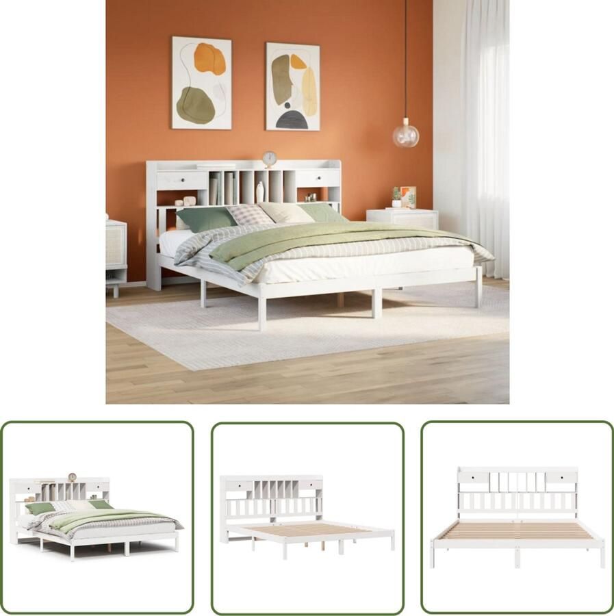 VidaXL Houten Bedden Slaapkamers Bed met boekenkast zonder matras grenenhout wit 180x200 cm Boekkastenbed Grenenhouten Bed Witte Bedden