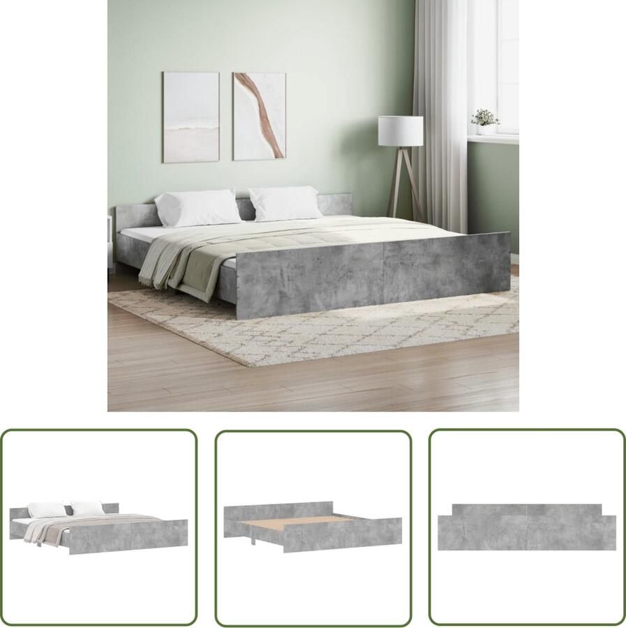 The Living Store Bedframe Betongrijs 203 x 203 x 50 cm Duurzaam hout Functioneel hoofd- en voeteneinde Stevige lattenbodem Matras niet inbegrepen Beton Grijs Bedframe Houten Bedframe Tweepersoons Bed King Size Bed Slaapcomfort