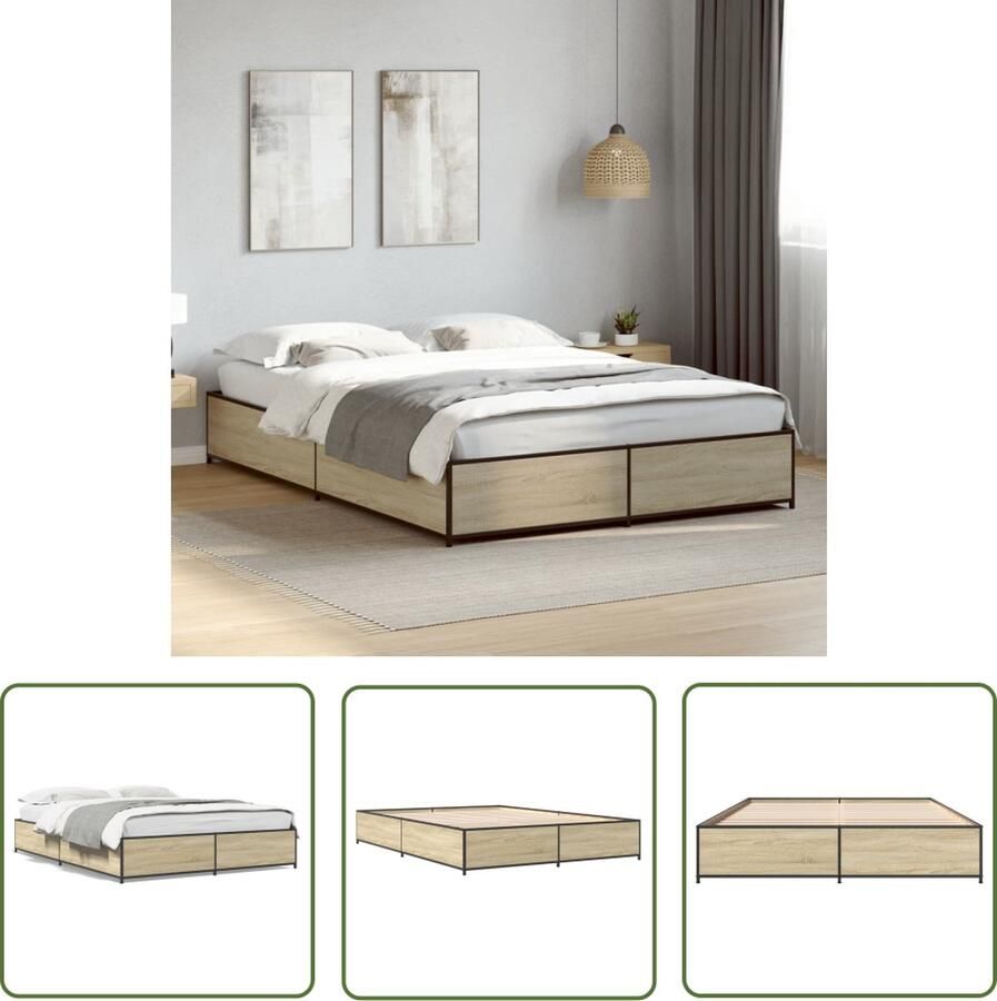 The Living Store Bedframe Sonoma Eiken 203 x 123 x 29 cm Duurzaam bewerkt hout en staal Bedframe Houten Bedframe Bed Frame Sonoma Eiken Tweepersoons Bed