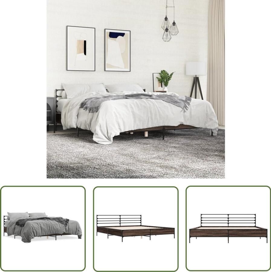 VidaXL Houten Bedframe Bruin Houten Bed Bedframe bewerkt hout metaal bruin eikenkleur 200x200 cm Bedframe 200x200 King Size Bedframe Luxe Bedframe