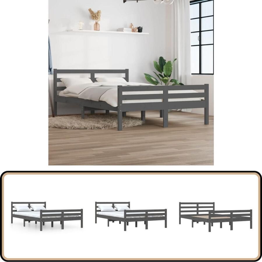 VidaXL Houten Bedframe Grijs 150x200 cm Houten Bedframe King Size Bed Massief Grenenhout Modern Bed Met Hoofdbord Boxspring Bed Tweepersoons Bed Bedroom Furniture