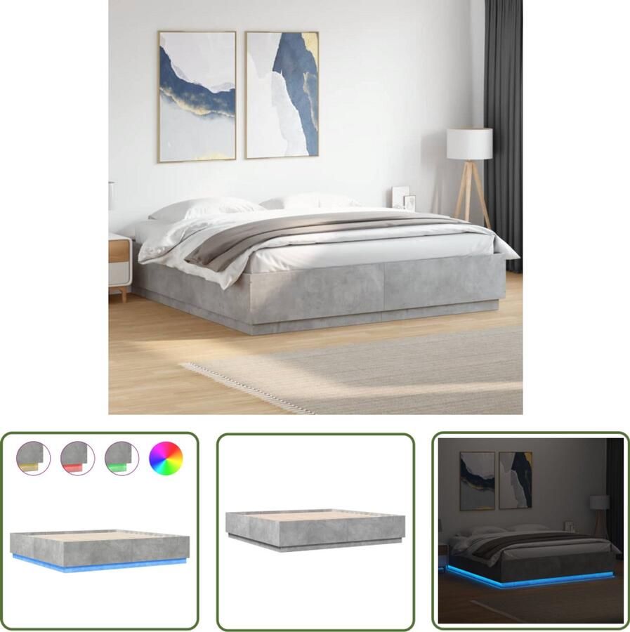 VidaXL Houten Bedframe met LED-verlichting bewerkt hout betongrijs 200x200 cm Led Bedframe Betonnen Grijs Bedframe Tweepersoons Bedframe