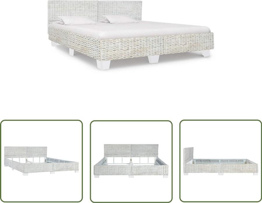 The Living Store Rattan Bedframe 210 x 189 x 77 cm Grijs Handgemaakt van mahonie- en mangohout en rattan Geschikt voor 180 x 200 cm matras (exclusief matras)