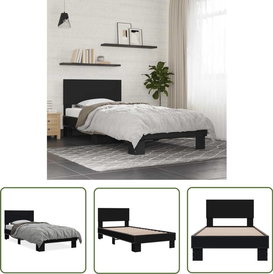 VidaXL Houten Bedframe Slaapcomfort Bedframe bewerkt hout en metaal zwart 100x200 cm Zwart Bed Tweepersoonsbed King Size Bed