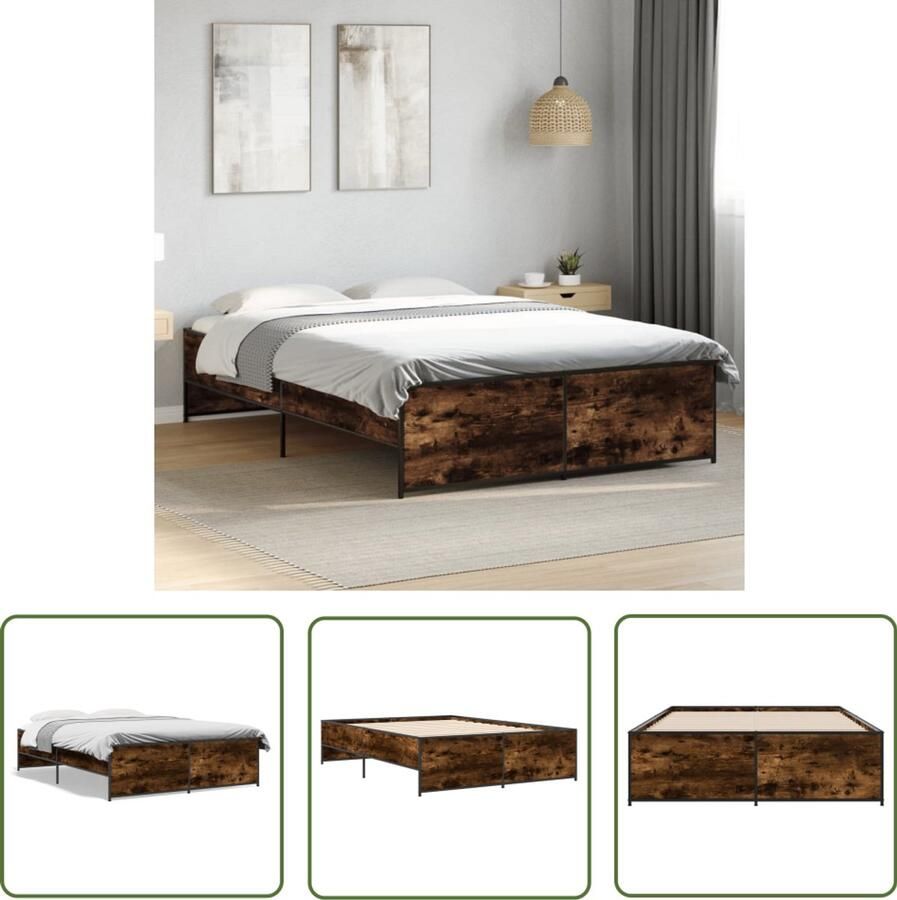 VidaXL Bedframe bewerkt hout metaal gerookt eikenkleurig 120x190 cm Slaapcomfort Houten Bedframe Bruine Bedbank King Size Bed Boxspring Bed