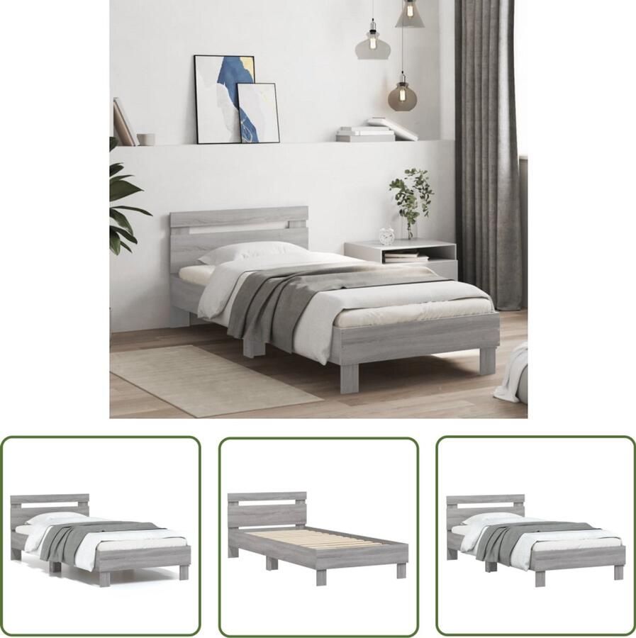 VidaXL Bedframe met hoofdeinde bewerkt hout grijs sonoma 90x200 cm Slaapkamer Meubels Houten Bedframe Tweepersoons Bed Grijze Bedbank Modern Bed