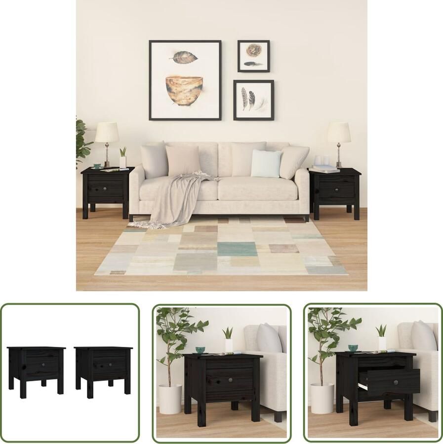 The Living Store Houten Bijzettafels Set van 2 40x40x39 cm Massief grenenhout Met lade Bijzettafels Houten Bijzet Tafels Grenenhout Meubilair Sidetable Salontafeltje - Foto 2