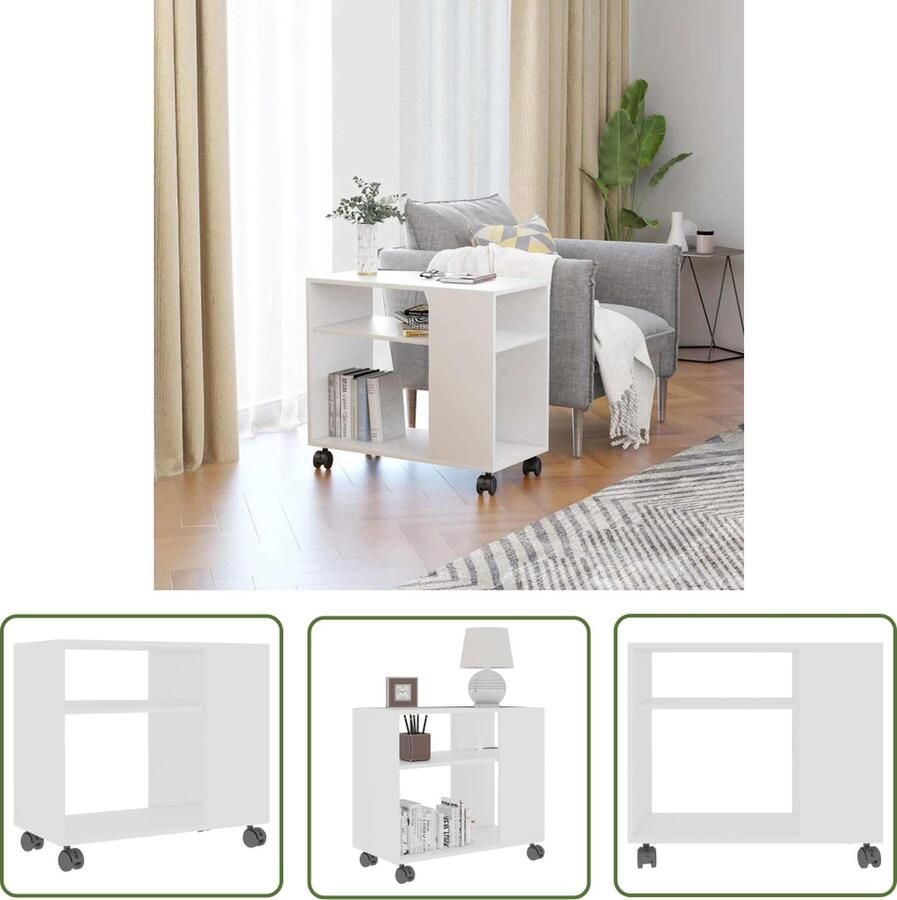 The Living Store Bijzettafel Hout 70 x 35 x 55 cm Wit 2 Lagen 4 Wielen Bijzettafel Houten Bijzettafel Wit Meubilair Salontafel Kleine Tafel - Foto 2