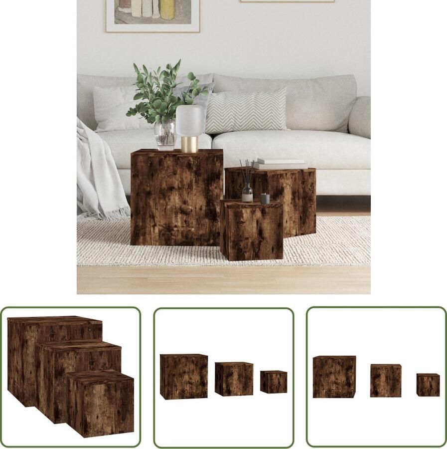 The Living Store Bijzettafels Hout Groot- 45 x 45 x 45cm Medium- 35 x 35 x 35cm Klein- 24 x 24 x 24cm Gerookt eiken Bijzettafel Houten Bijzettafel Bruine Bijzettafel Multifunctionele Tafel Salontafel - Foto 2