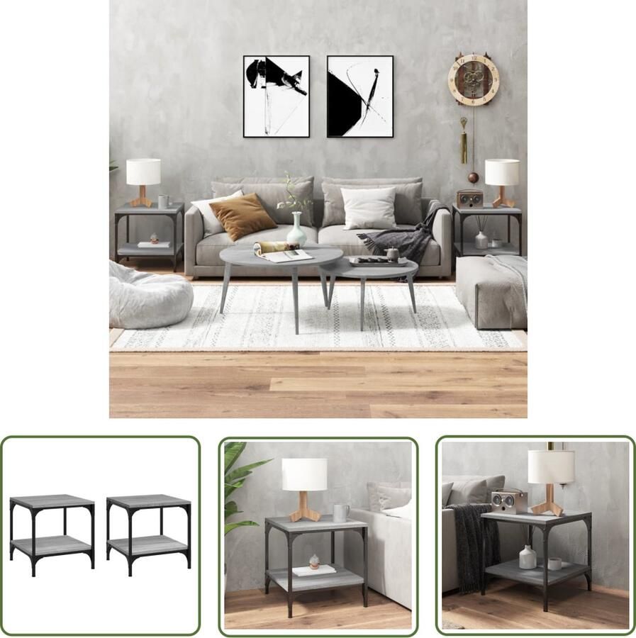 The Living Store Bijzettafels 2 st 40x40x40 cm bewerkt hout grijs sonoma eiken Industriele Bijzettabel Houten Bijzettafel Bijzettafels Salontafel Bijzettafels Grijs - Foto 2