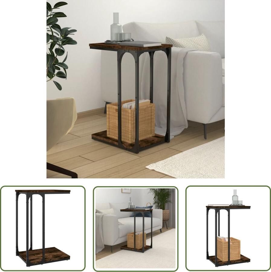 The Living Store Bijzettafel 40x30x60 cm bewerkt hout gerookt eikenkleurig Industriele Bijzettafel Houten Bijzettafel Industrie Stijl Bijzettafel C Vorm Bruine Bijzettafel - Foto 2