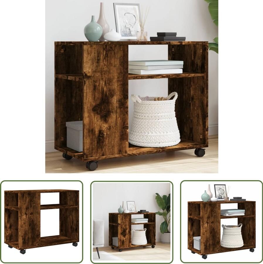 VidaXL Bijzettafel met wieltjes 70x35x60 cm hout gerookt eikenkleurig Bijzettafel Houten Bijzettafel Robuuste Bijzettafel Multifunctionele Bijzettafel Opslagkast