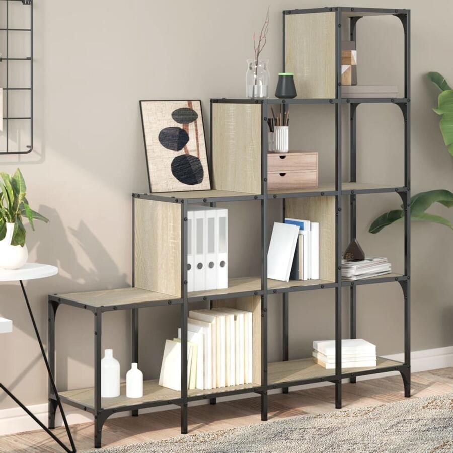 The Living Store Boekenkast 122x30x132 cm bewerkt hout en metaal sonoma eiken Boekenkast Houten Boekenkast Boekenplank Opslagoplossing Woonaccessoires