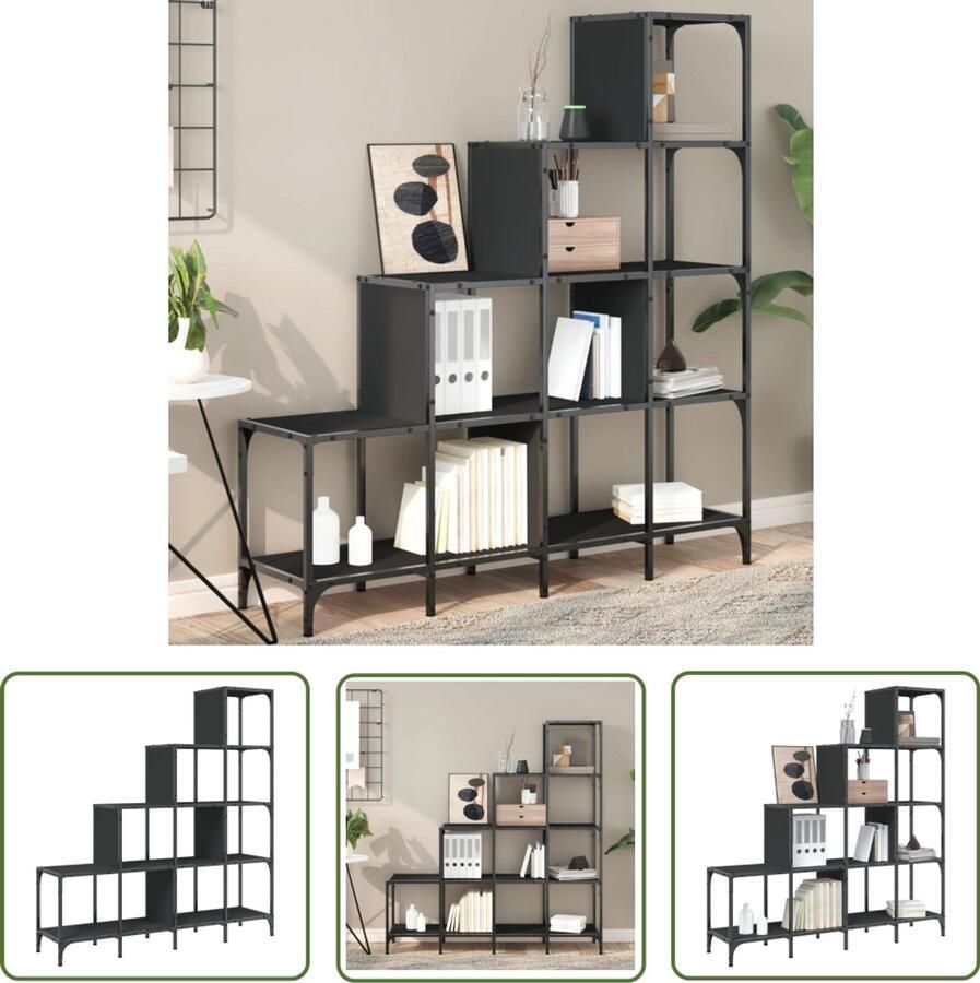The Living Store Boekenkast 122x30x132 cm bewerkt hout en metaal zwart Boekenkast Houten Boekenkast Stapelkasten Wandplank Opslagmeubel