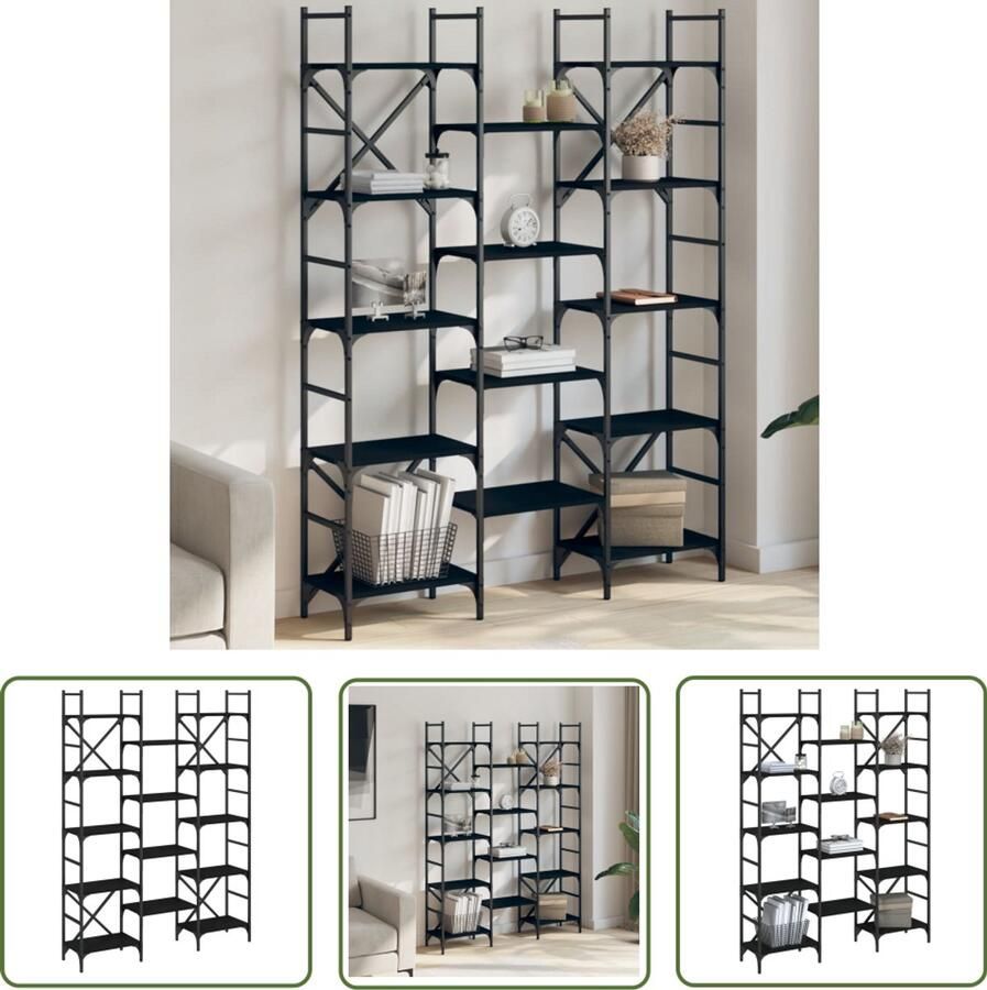 The Living Store Boekenkast 127 5x28 5x172 5 cm bewerkt hout zwart Boekenkast Houten Boekenkast Zwarte Boekenkast Boekenplank Opbergkast - Foto 2