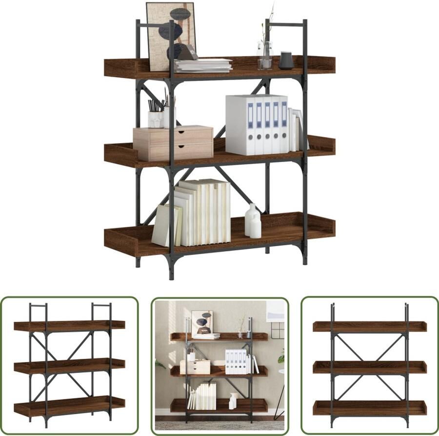The Living Store Boekenkast 3-laags 100x33x108 5 cm bewerkt hout bruineikenkleur Boekenkast Houten Boekenkast Industrieel Boekenkast Bruine Boekenkast Bibliotheekkast