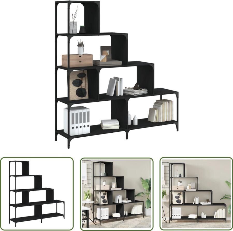 The Living Store Boekenkast 4-laags 139x33 5x149 cm bewerkt hout zwart Boekenkast Houten Boekenkast Zwarte Boekenkast Boekenrek Opbergkast