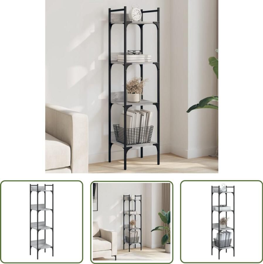 The Living Store Boekenkast 4-laags 35x30x138 5 cm bewerkt hout grijs sonoma Boekenkast Houten Boekenkast Grijze Boekenkast Compacte Boekenkast Opbergkast