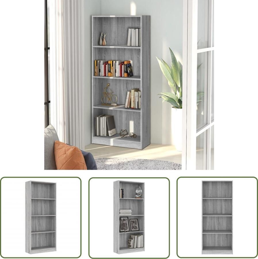 The Living Store Boekenkast 4 schappen 60x24x142 cm bewerkt hout grijs sonoma Boekenkast Houten Boekenkast Grijze Boekenkast Vintage Boekenkast Salontafel - Foto 2