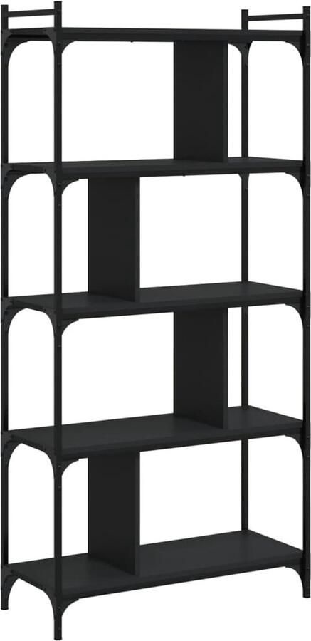 The Living Store Boekenkast V2 Zwart 76 x 32 x 158 cm Duurzaam hout en metaal Boekenkast Houten Boekenkast Zwarte Boekenkast Boekenplank Bibliotheek